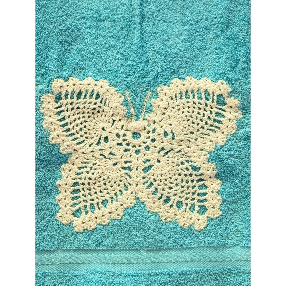 Vtg Bath Towel 3pc Set Crochet Trim Edge Butterfly Turquoise Green-Blue w/Ivory